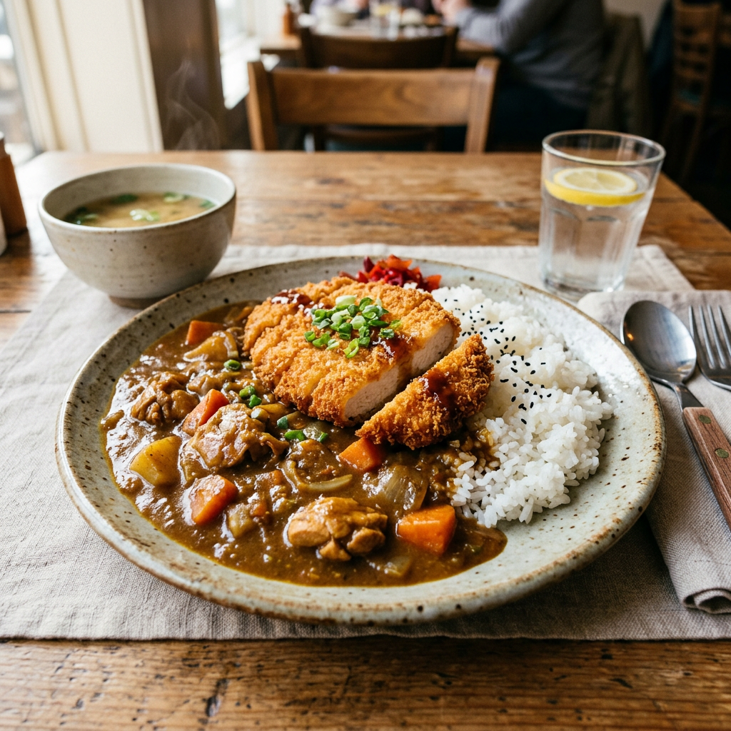 Japanese curry with fried cutlet, rice, and vegetables on a ceramic plate